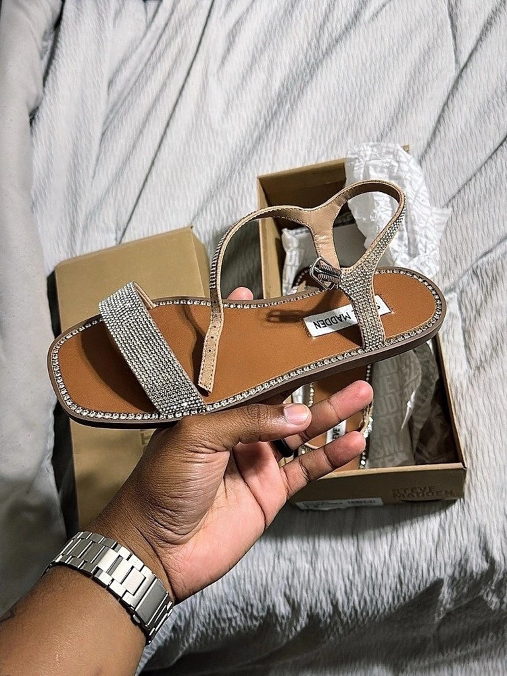 Steve Madden Nickel Rhinestone Flat Sandal Silver & Brown US 7.5